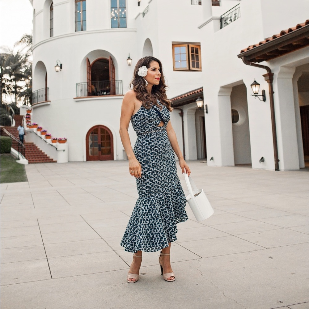 Keepsake Blossom Halter Embroidered
Asymmetrical Ruffle Hem Dress